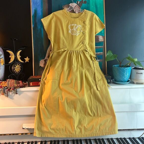 Vintage Boho Prairie Yellow Mustard Midi Dress with Fruit Healthy Life Logo M - Picture 11 of 16